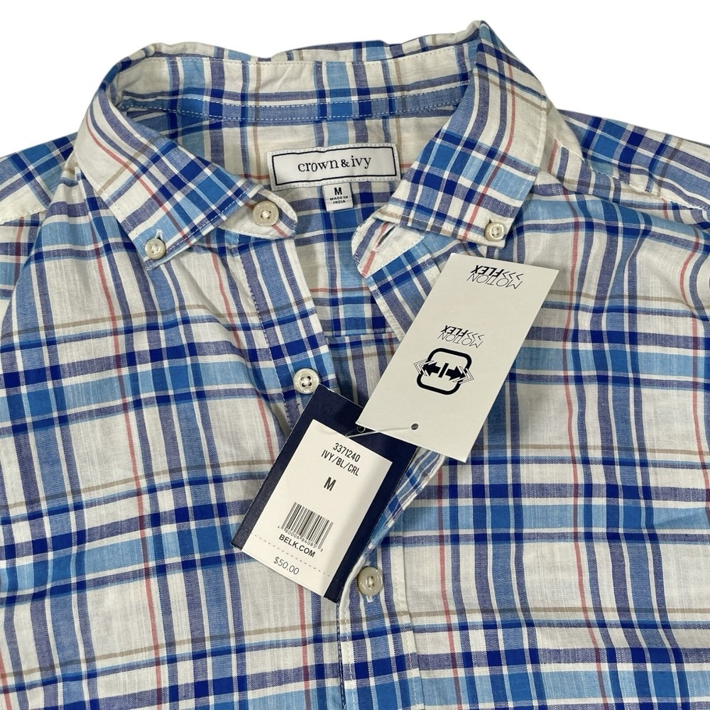 Crown & Ivy M Blue Plaid Short Sleeve Button Down Motion Flex Preppy‎ Coastal